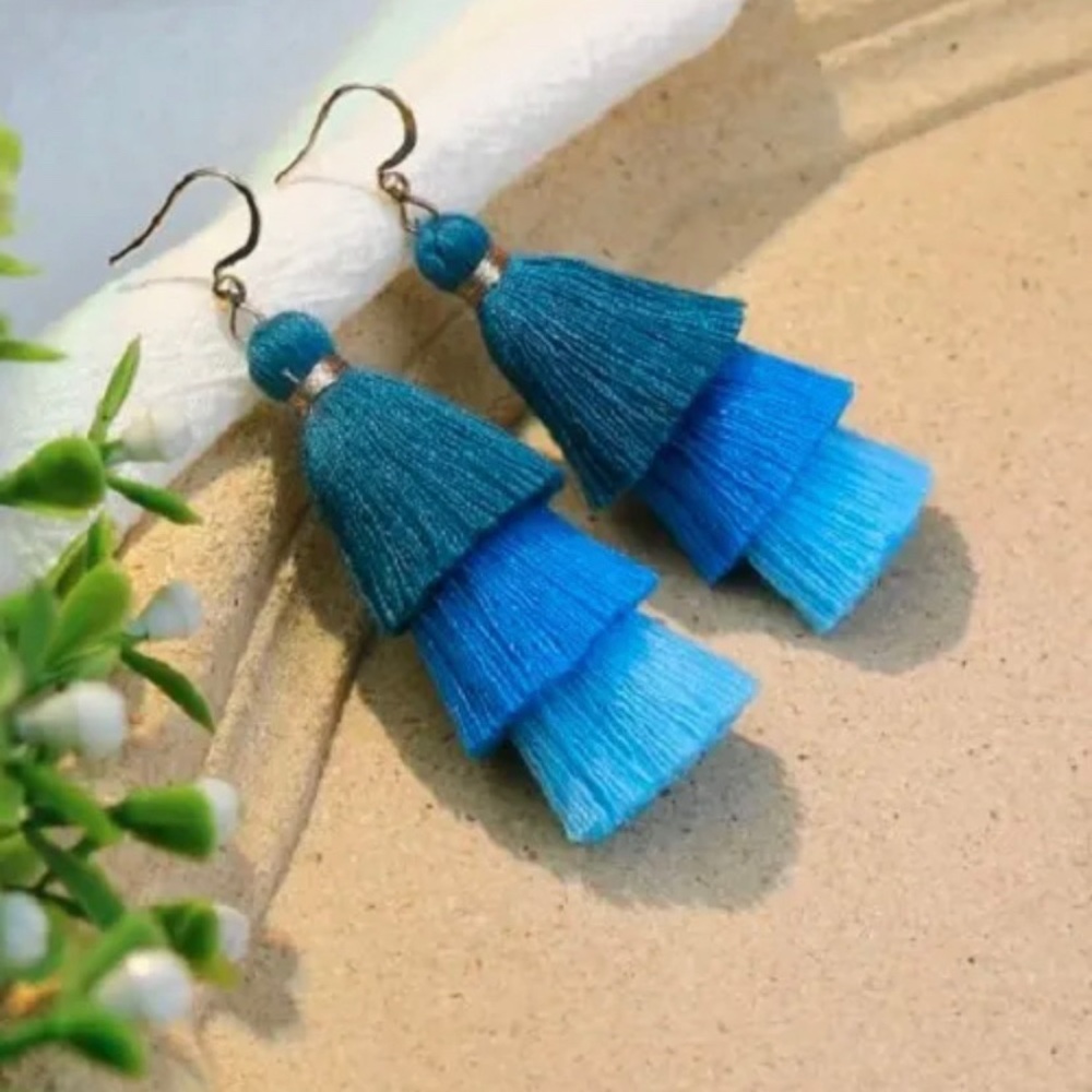 Tiered Tassel Earrings, Blue Tassel Earrings, Fringe Earrings, Summer Earrings
